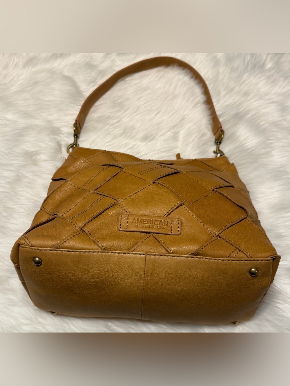 American Leather Co Mercer Woven Leather Hobo Shoulder Bag in Cognac Brown - Picture 3 of 11